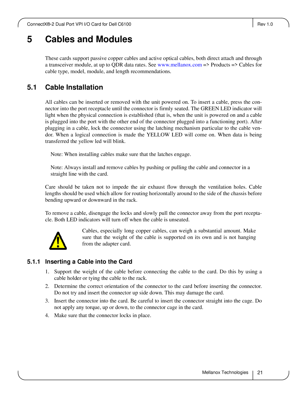 Dell MCQH29-XDR user manual Cables and Modules, Cable Installation, Inserting a Cable into the Card 