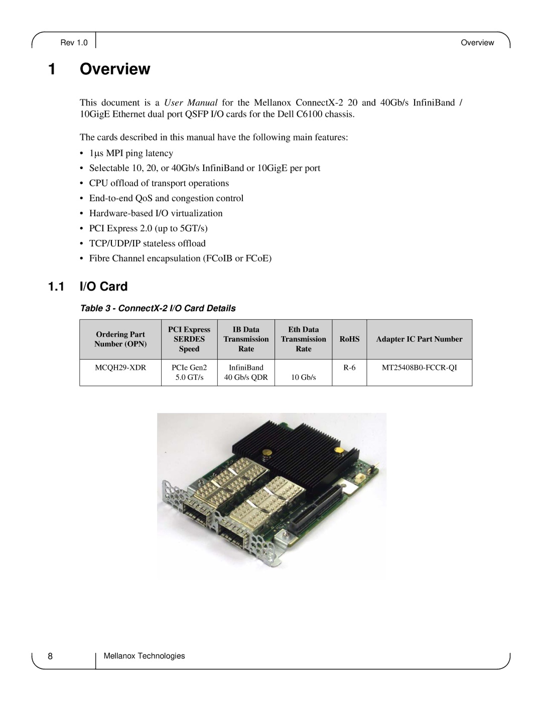 Dell MCQH29-XDR user manual Overview, ConnectX-2 I/O Card Details 