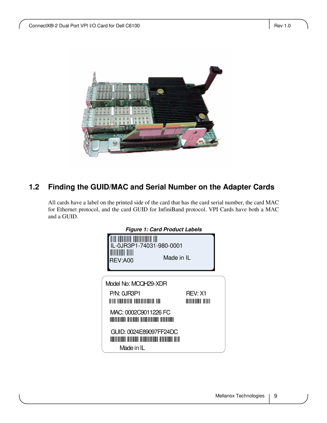 Dell MCQH29-XDR user manual Finding the GUID/MAC and Serial Number on the Adapter Cards, Card Product Labels 