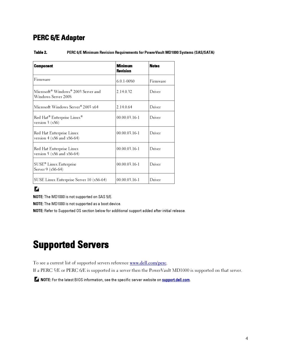 Dell MD1000 manual Supported Servers, Perc 6/E Adapter 