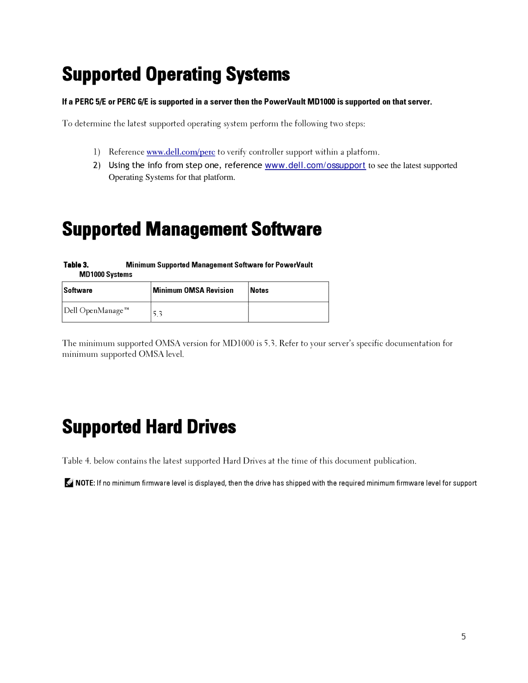 Dell MD1000 manual Supported Operating Systems, Supported Management Software, Supported Hard Drives 