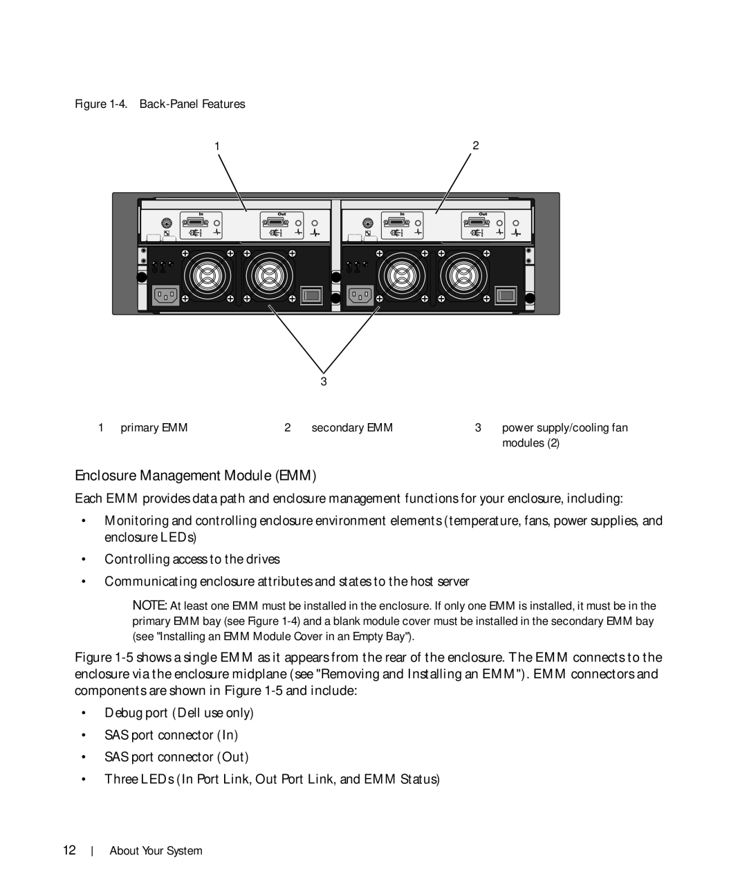 Dell MD1000 owner manual Enclosure Management Module EMM, Back-Panel Features 