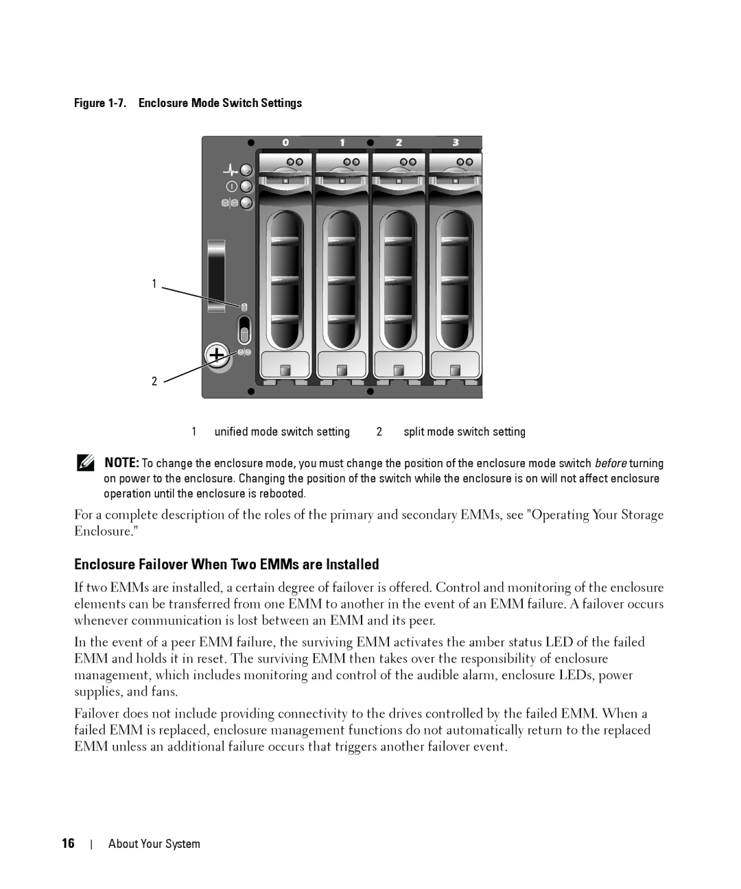 Dell MD1000 owner manual Enclosure Failover When Two EMMs are Installed, Enclosure Mode Switch Settings 