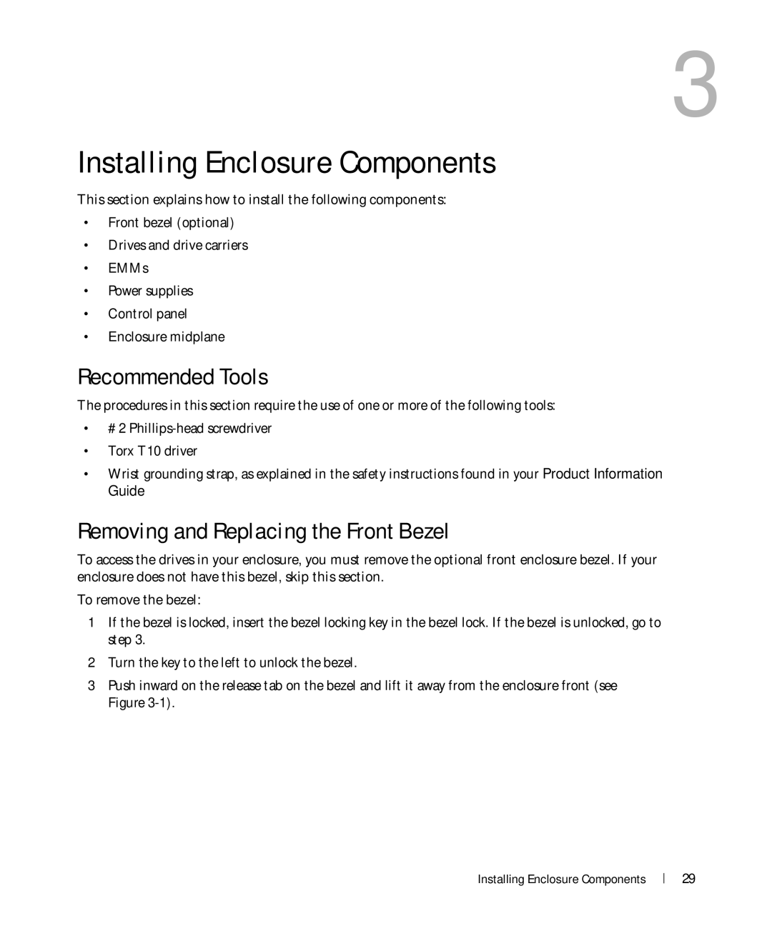 Dell MD1000 owner manual Installing Enclosure Components, Recommended Tools, Removing and Replacing the Front Bezel 