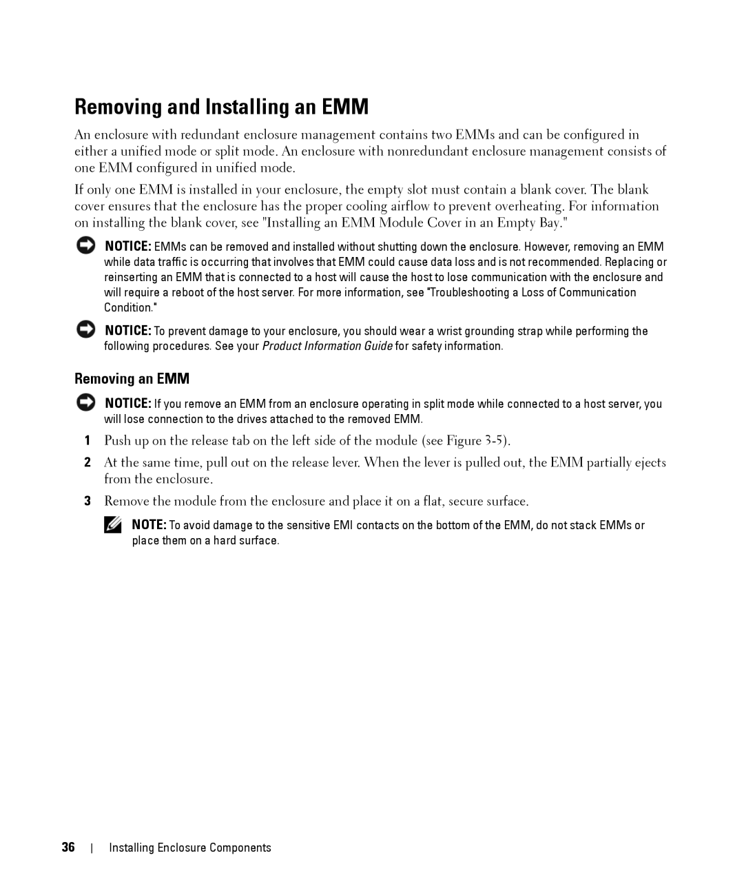 Dell MD1000 owner manual Removing and Installing an EMM, Removing an EMM 