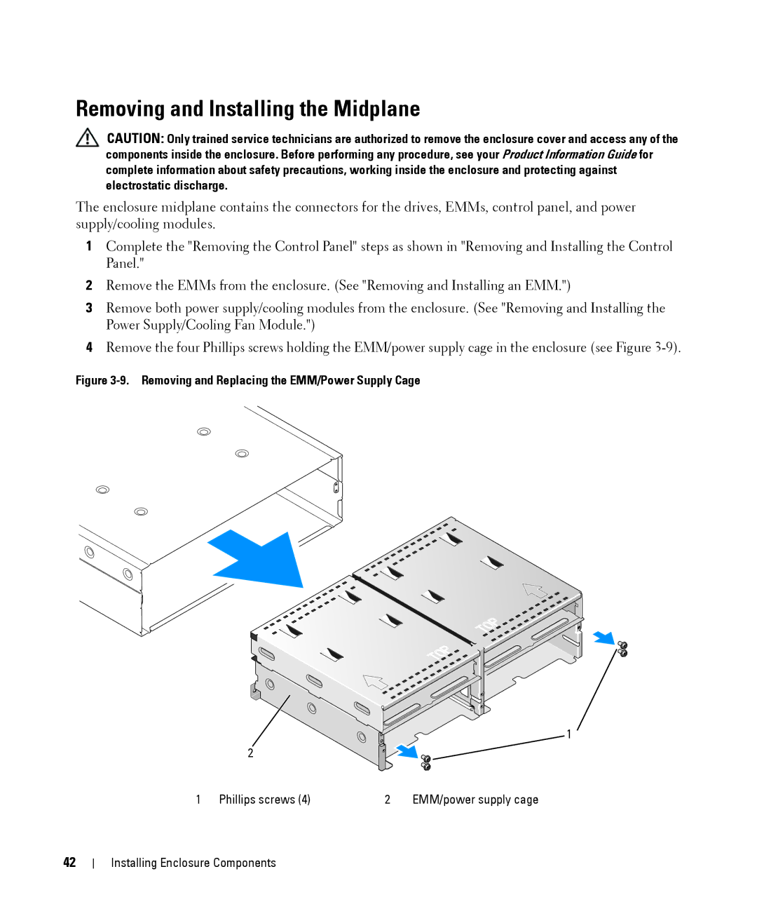 Dell MD1000 owner manual Removing and Installing the Midplane, Removing and Replacing the EMM/Power Supply Cage 