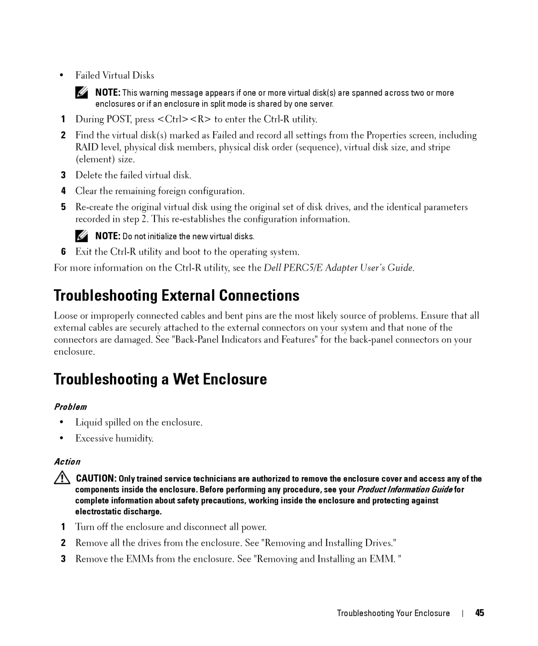 Dell MD1000 owner manual Troubleshooting External Connections, Troubleshooting a Wet Enclosure 