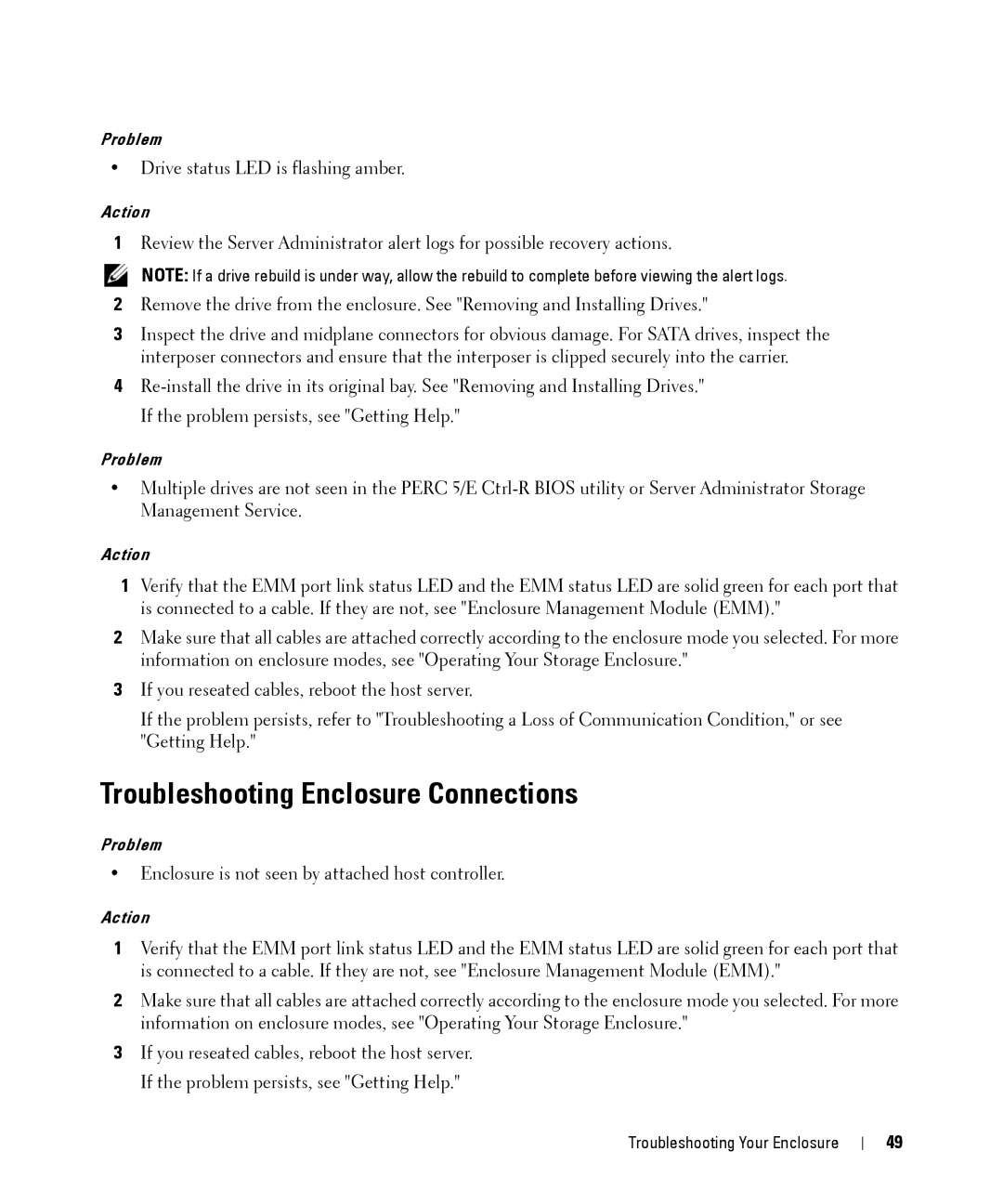 Dell MD1000 owner manual Troubleshooting Enclosure Connections 