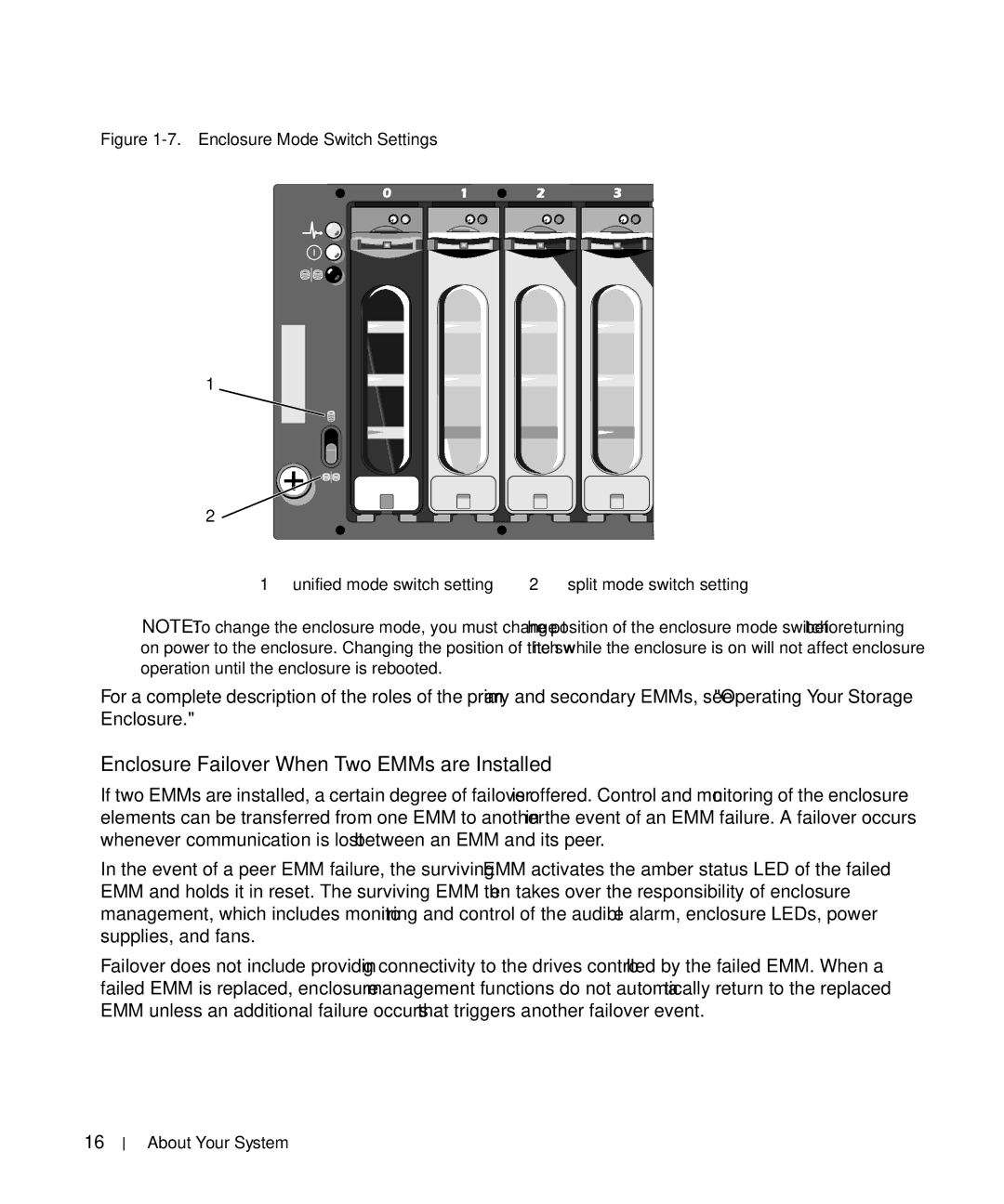 Dell MD1000 owner manual Enclosure Failover When Two EMMs are Installed, Enclosure Mode Switch Settings 