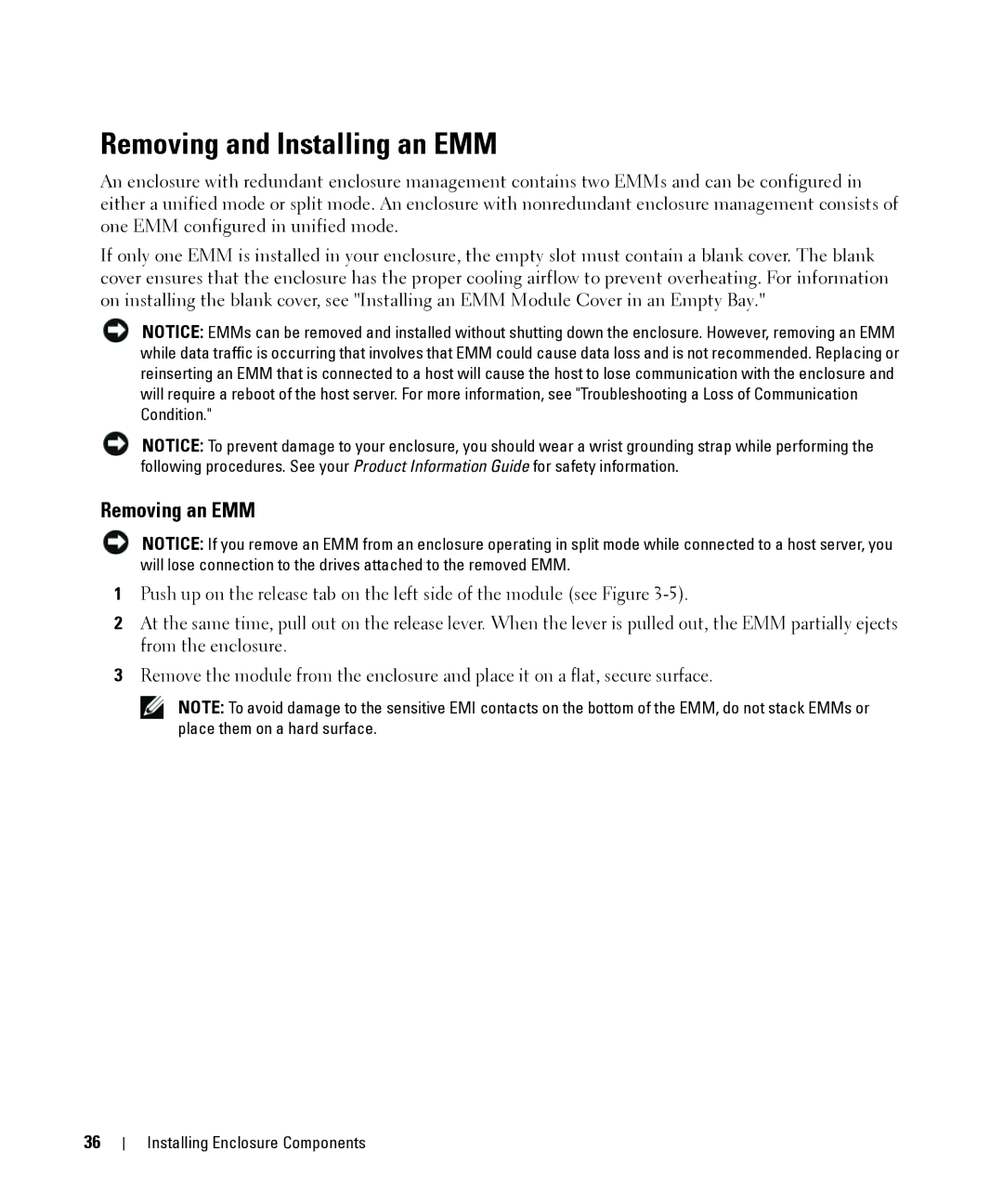 Dell MD1000 owner manual Removing and Installing an EMM, Removing an EMM 