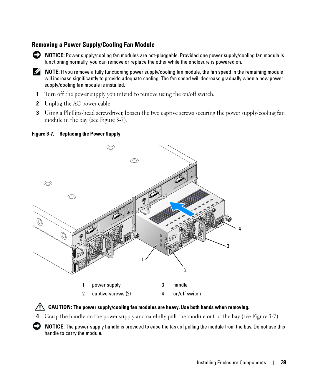 Dell MD1000 owner manual Removing a Power Supply/Cooling Fan Module, Replacing the Power Supply 