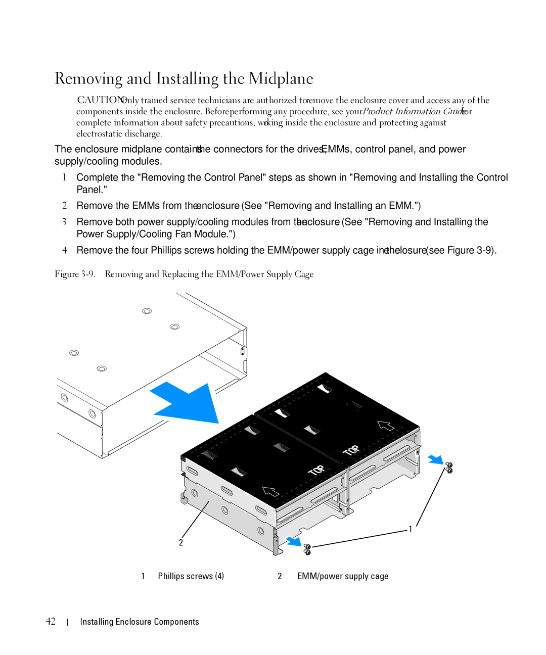 Dell MD1000 owner manual Removing and Installing the Midplane, Removing and Replacing the EMM/Power Supply Cage 