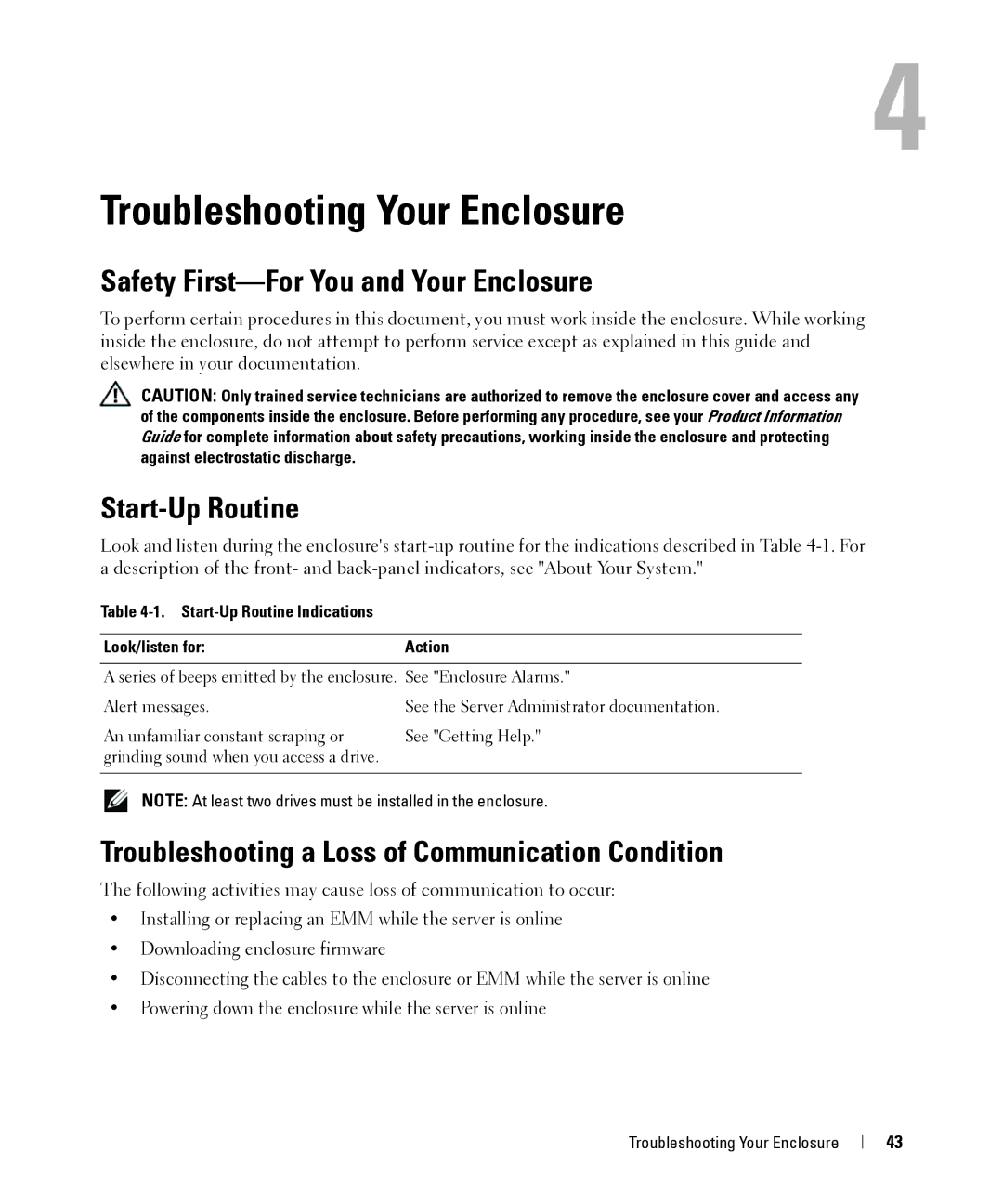 Dell MD1000 owner manual Troubleshooting Your Enclosure, Safety First-For You and Your Enclosure, Start-Up Routine 