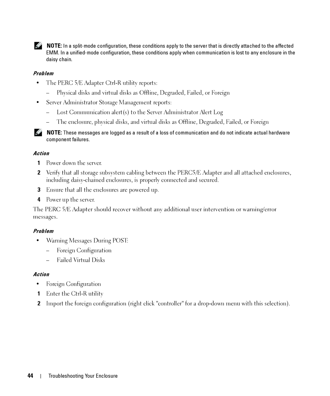 Dell MD1000 owner manual Foreign Configuration Failed Virtual Disks 