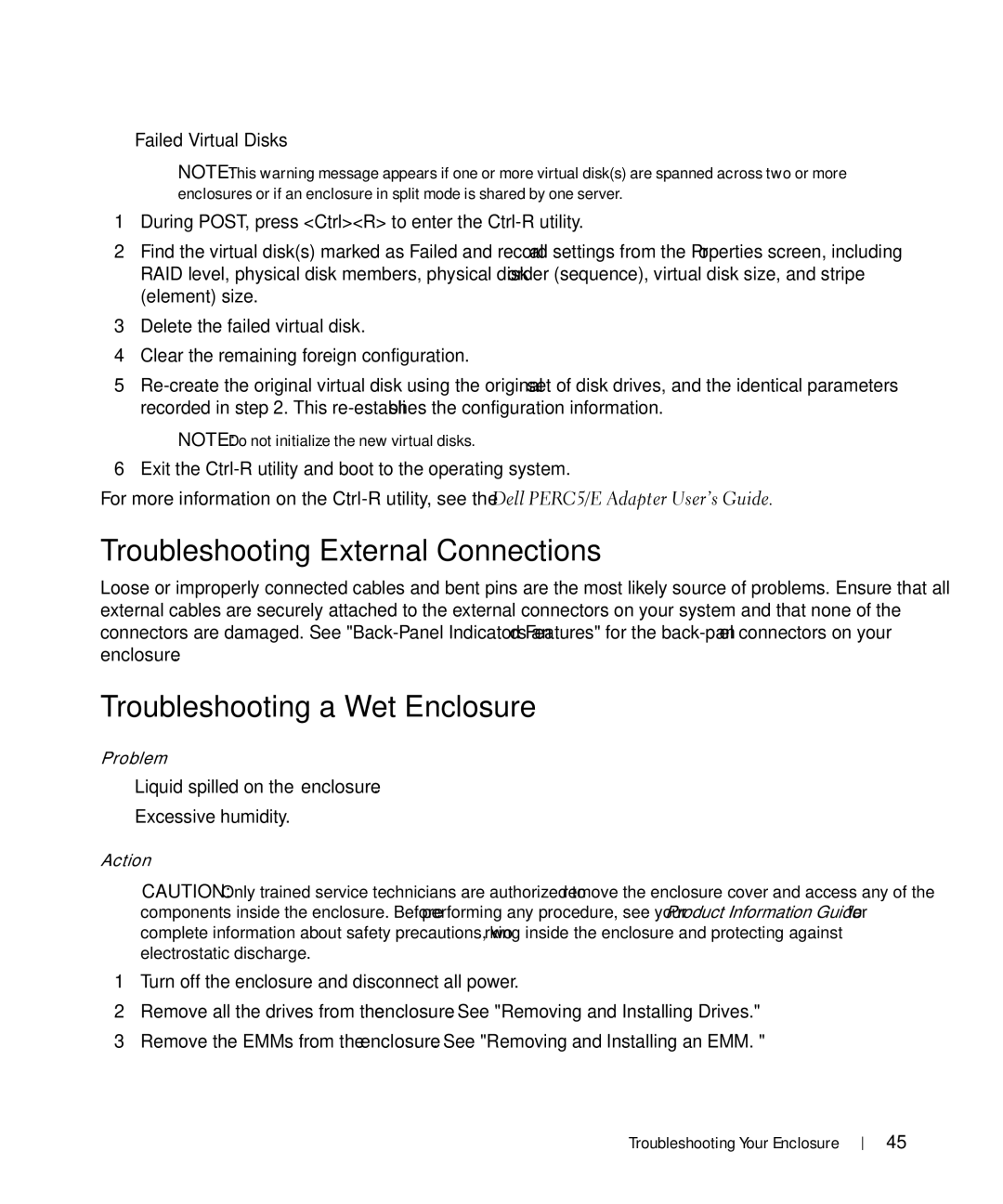 Dell MD1000 owner manual Troubleshooting External Connections, Troubleshooting a Wet Enclosure 