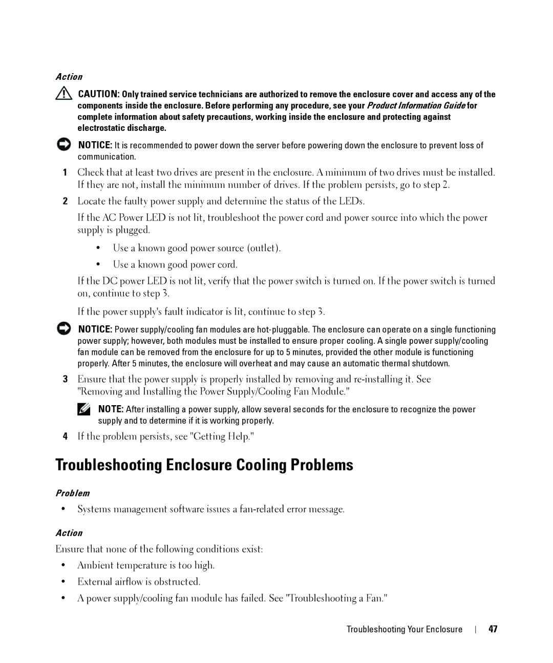 Dell MD1000 owner manual Troubleshooting Enclosure Cooling Problems 