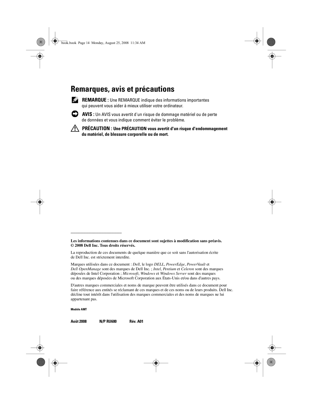 Dell MD1120 manual Remarques, avis et précautions 