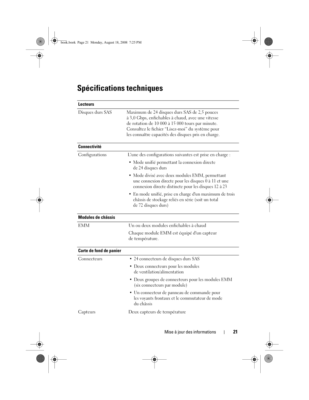 Dell MD1120 manual Spécifications techniques, Lecteurs Disques durs SAS 