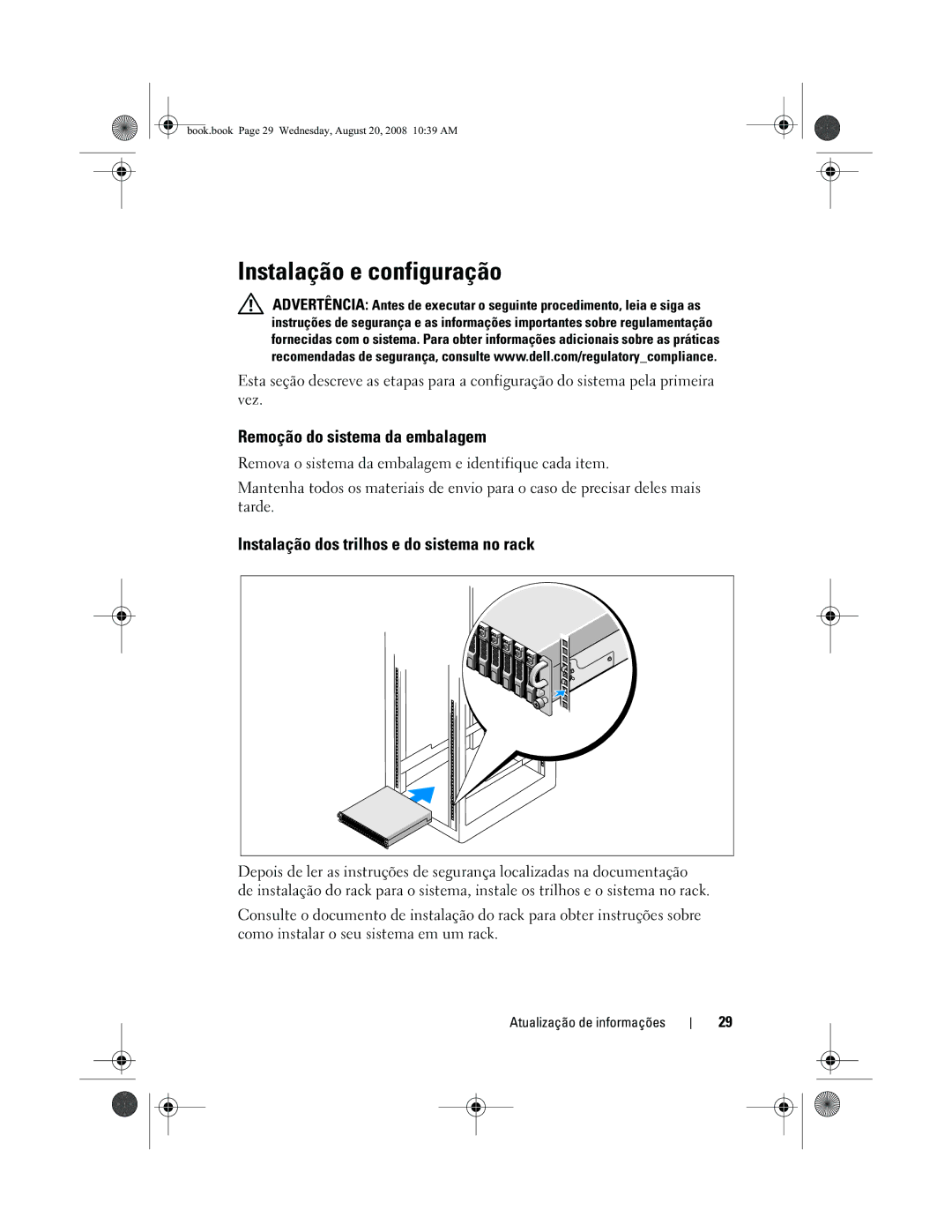 Dell MD1120 manual Instalação e configuração, Remoção do sistema da embalagem, Instalação dos trilhos e do sistema no rack 