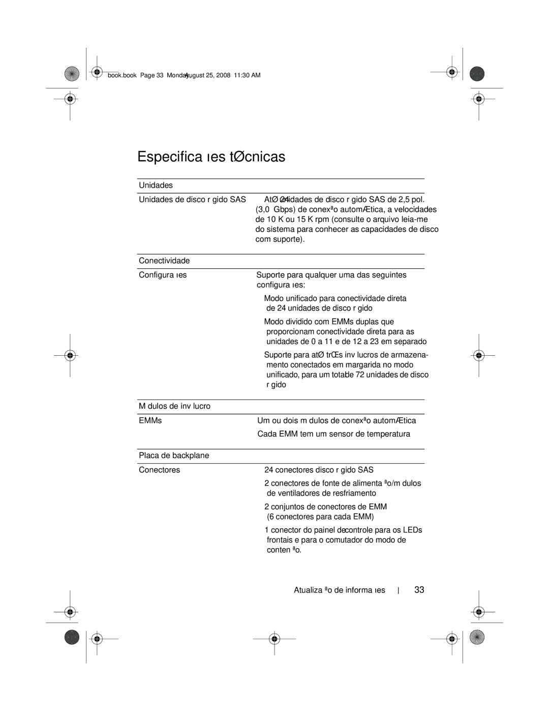 Dell MD1120 manual Especificações técnicas, Unidades Unidades de disco rígido SAS 