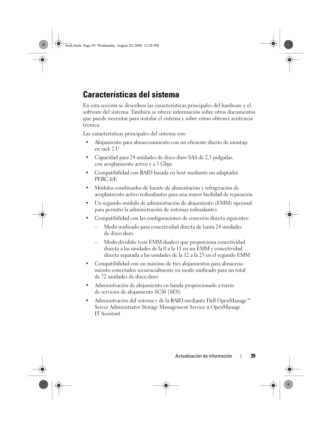 Dell MD1120 manual Características del sistema 