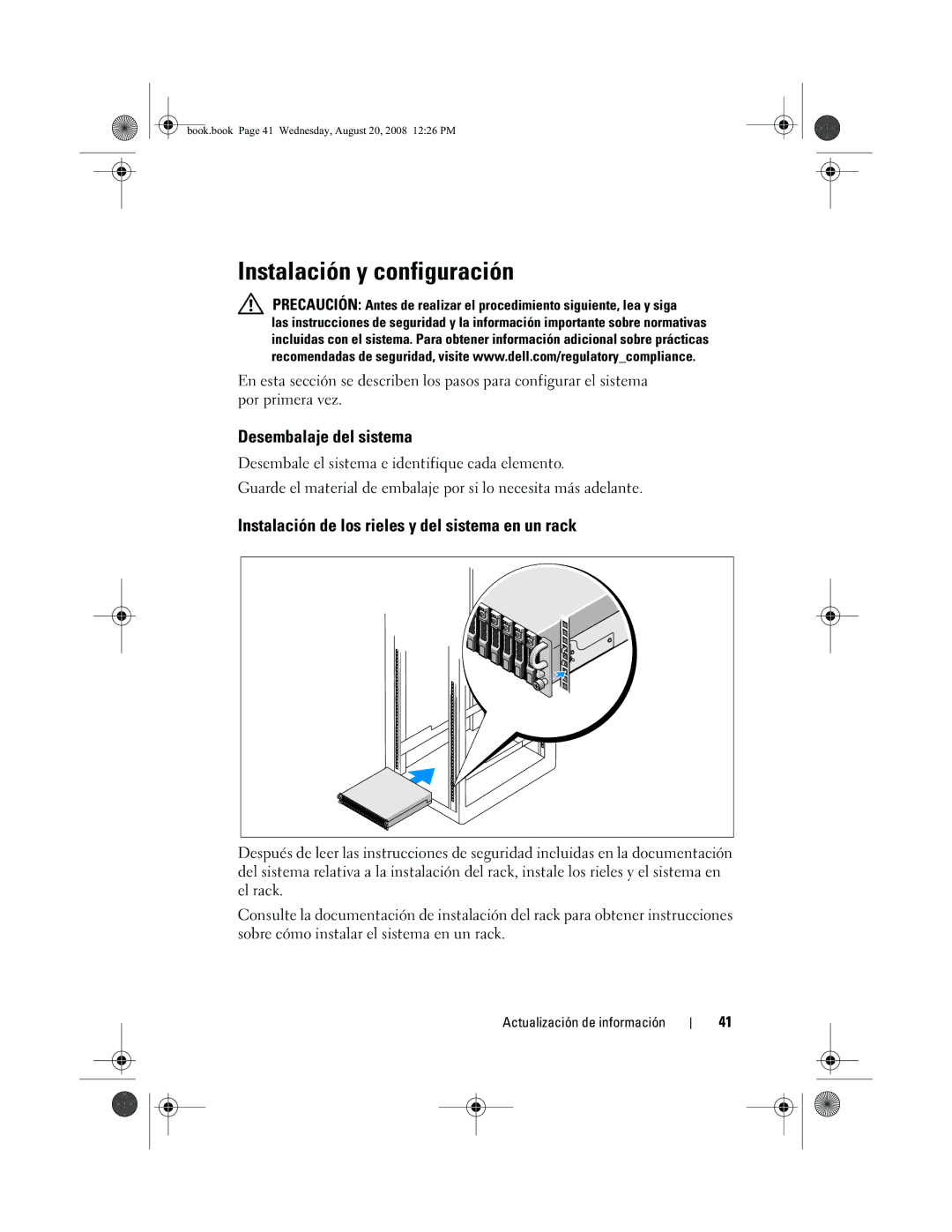 Dell MD1120 manual Instalación y configuración, Desembalaje del sistema, Instalación de los rieles y del sistema en un rack 