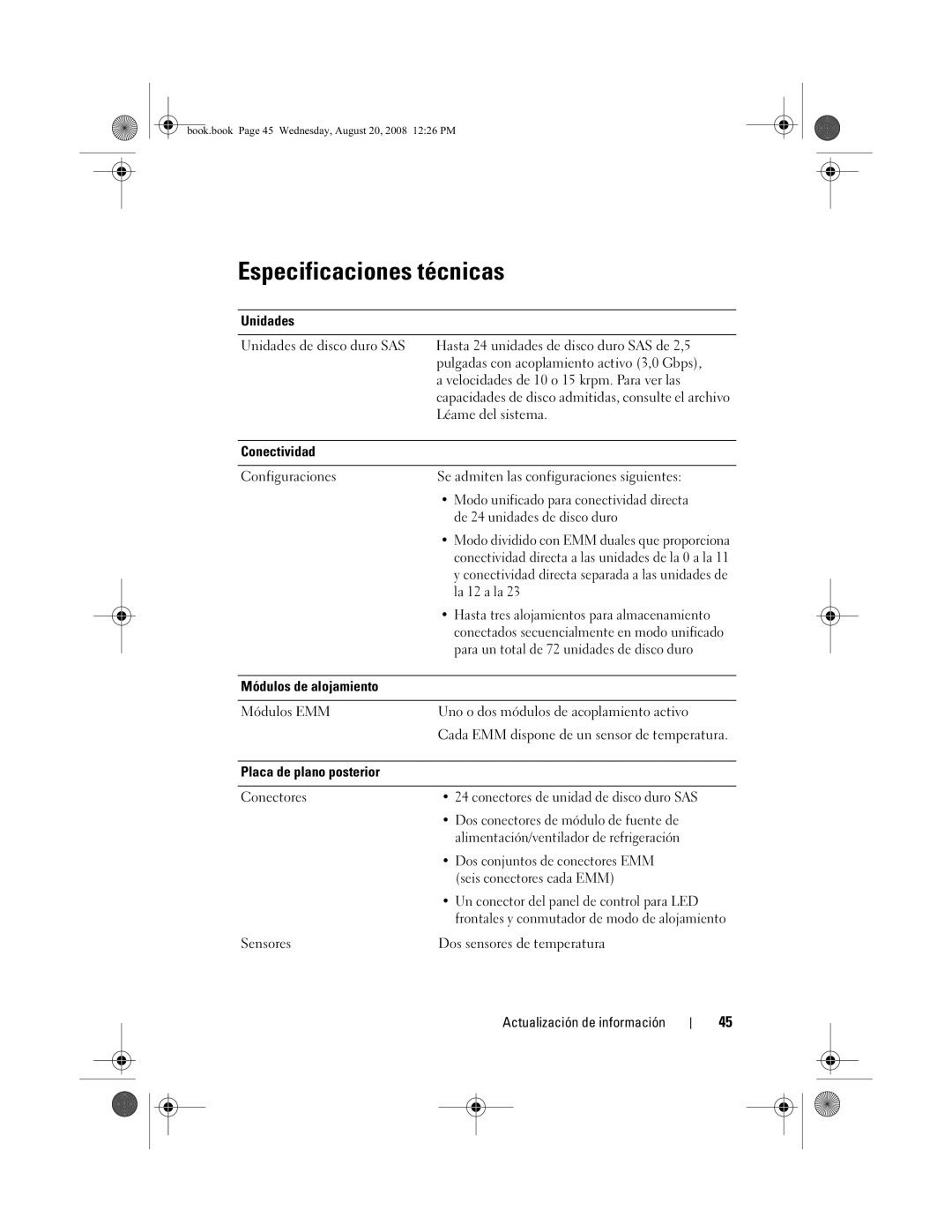 Dell MD1120 manual Especificaciones técnicas 