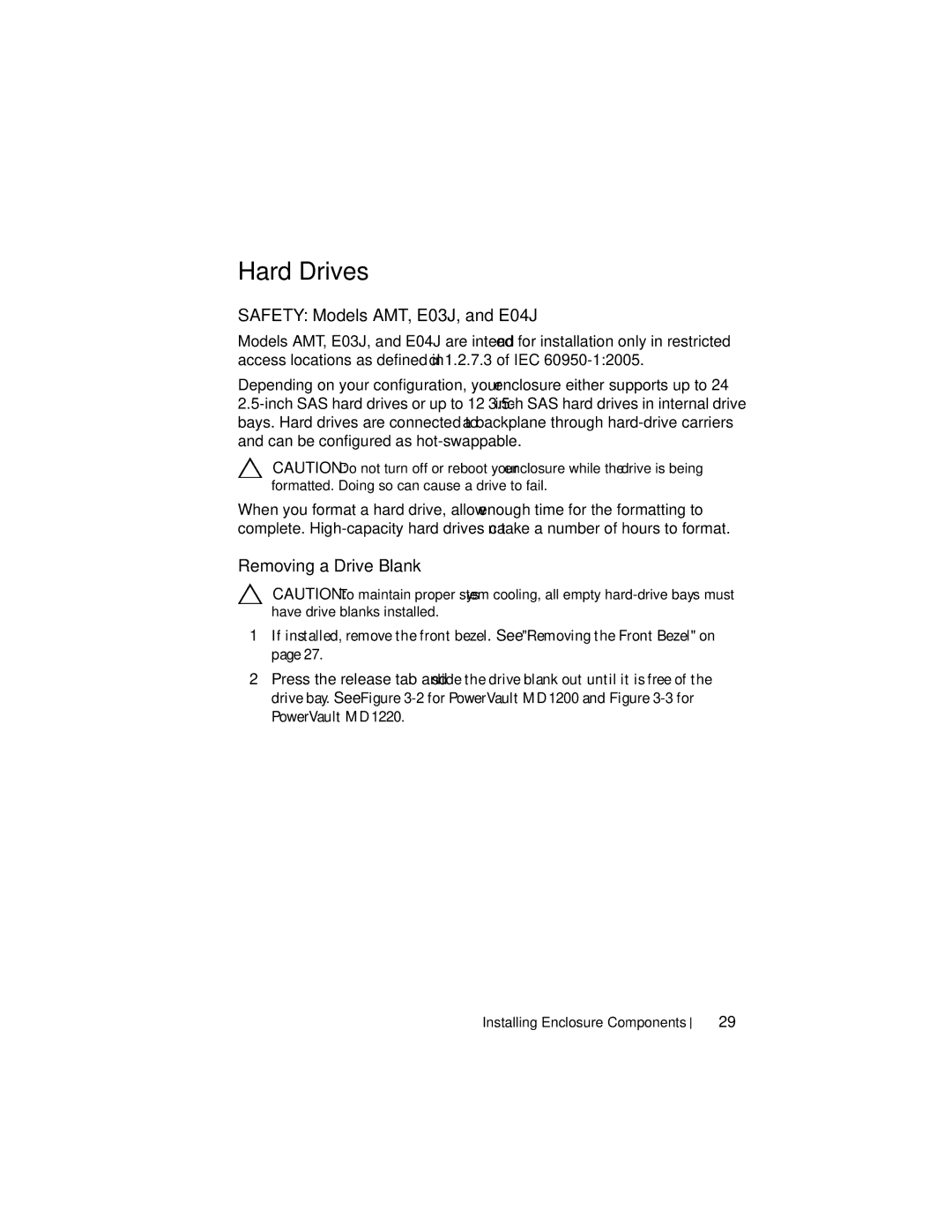 Dell MD1220, MD1200 manual Hard Drives, Safety Models AMT, E03J, and E04J, Removing a Drive Blank 