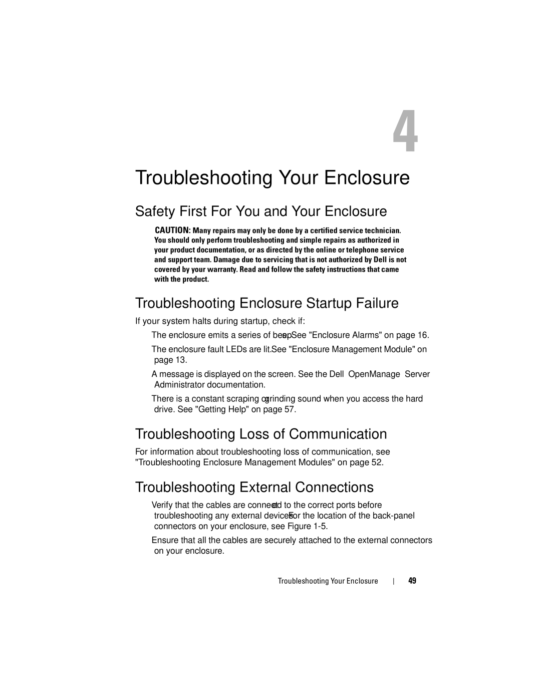 Dell MD1220 Troubleshooting Your Enclosure, Troubleshooting Loss of Communication, Troubleshooting External Connections 