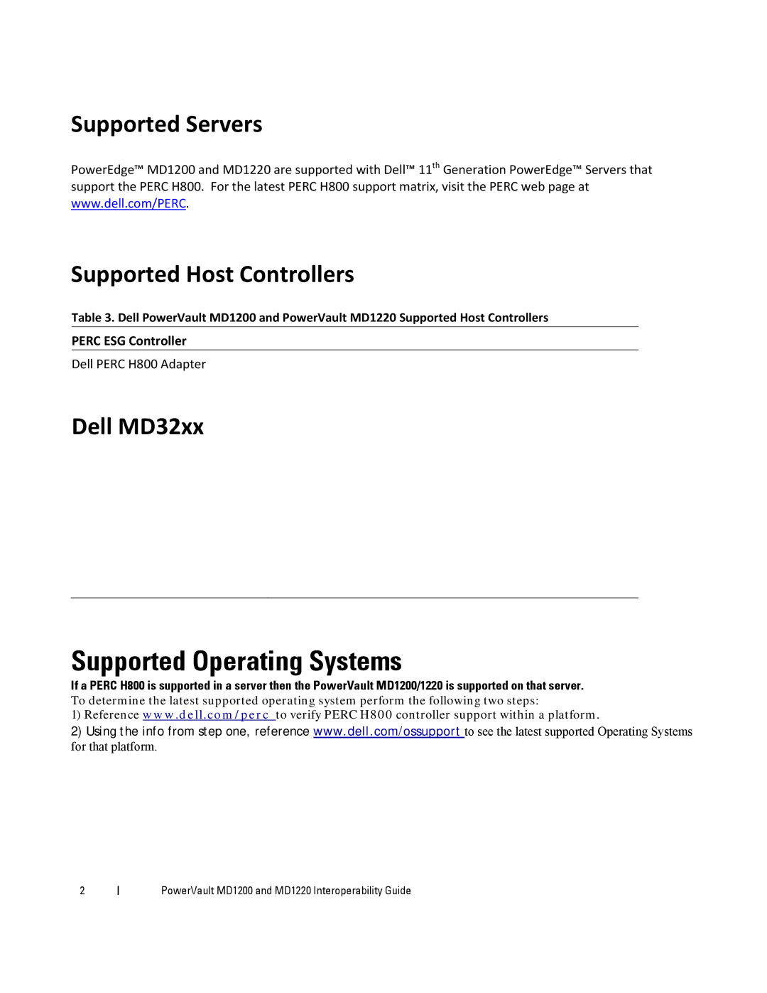 Dell MD1200, MD1220 manual Supported Servers Supported Host Controllers, Dell MD32xx 