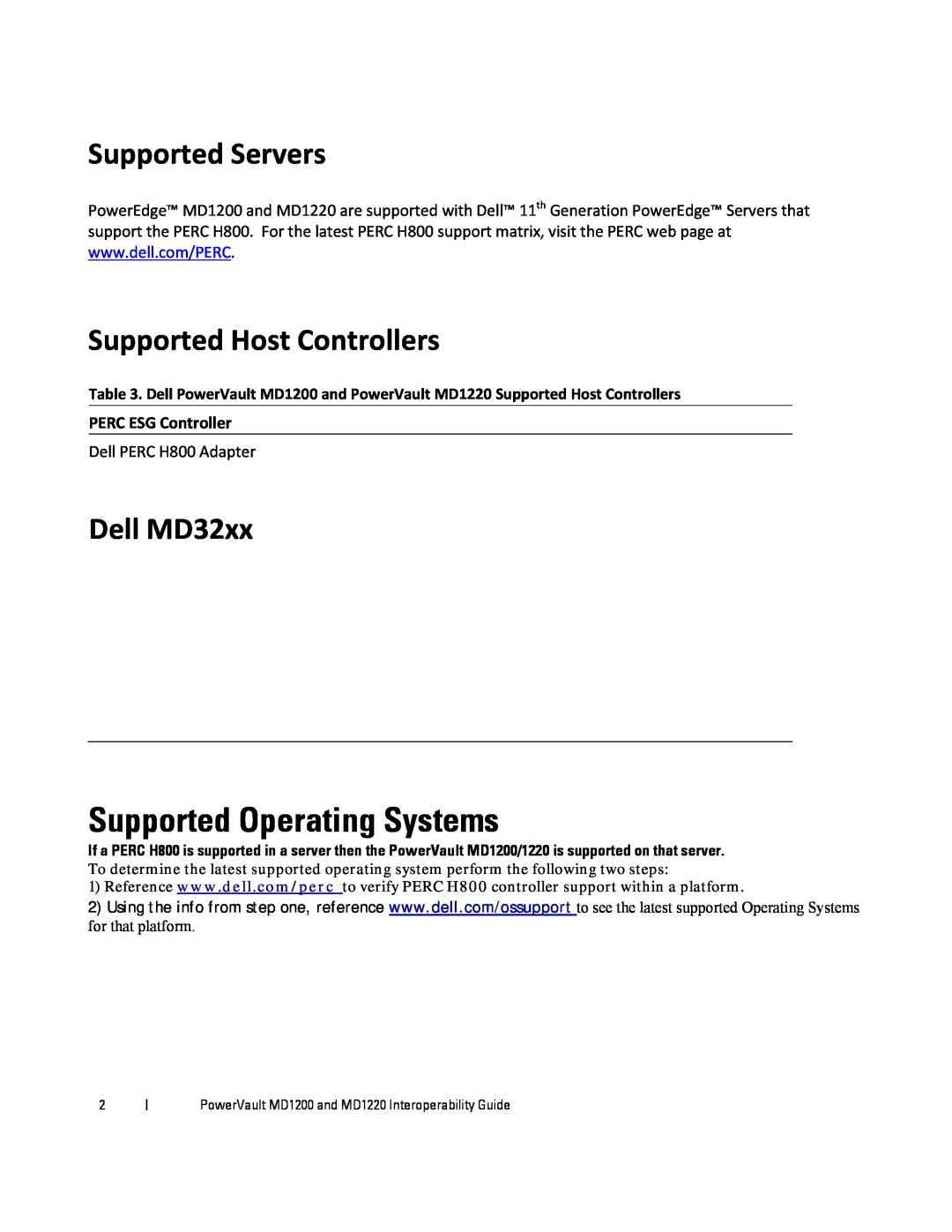 Dell MD1200 Supported Servers, Supported Host Controllers, Dell MD32xx, Supported Operating Systems, PERC ESG Controller 