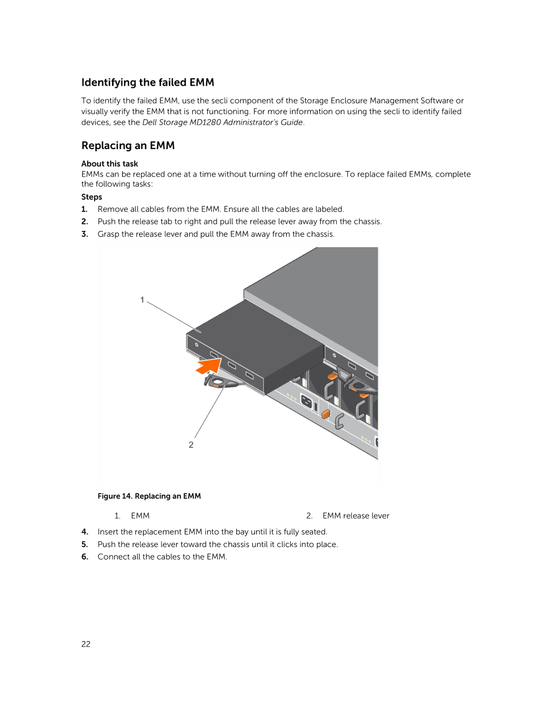 Dell MD1280 manual Identifying the failed EMM, Replacing an EMM 