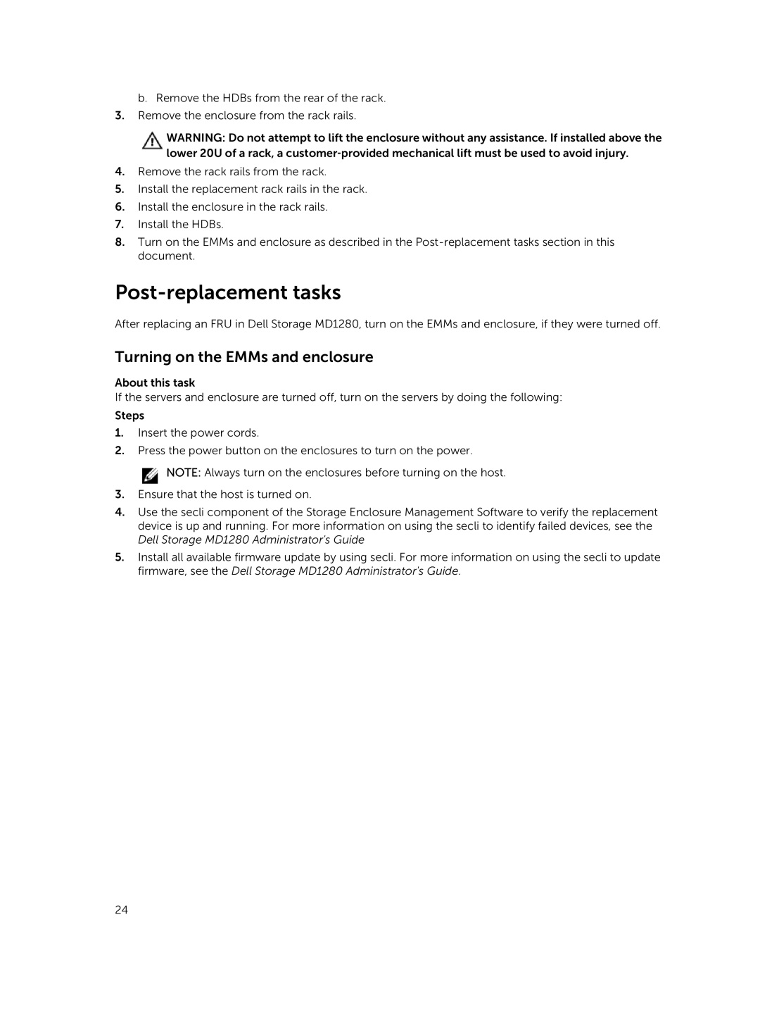 Dell MD1280 manual Post-replacement tasks, Turning on the EMMs and enclosure 