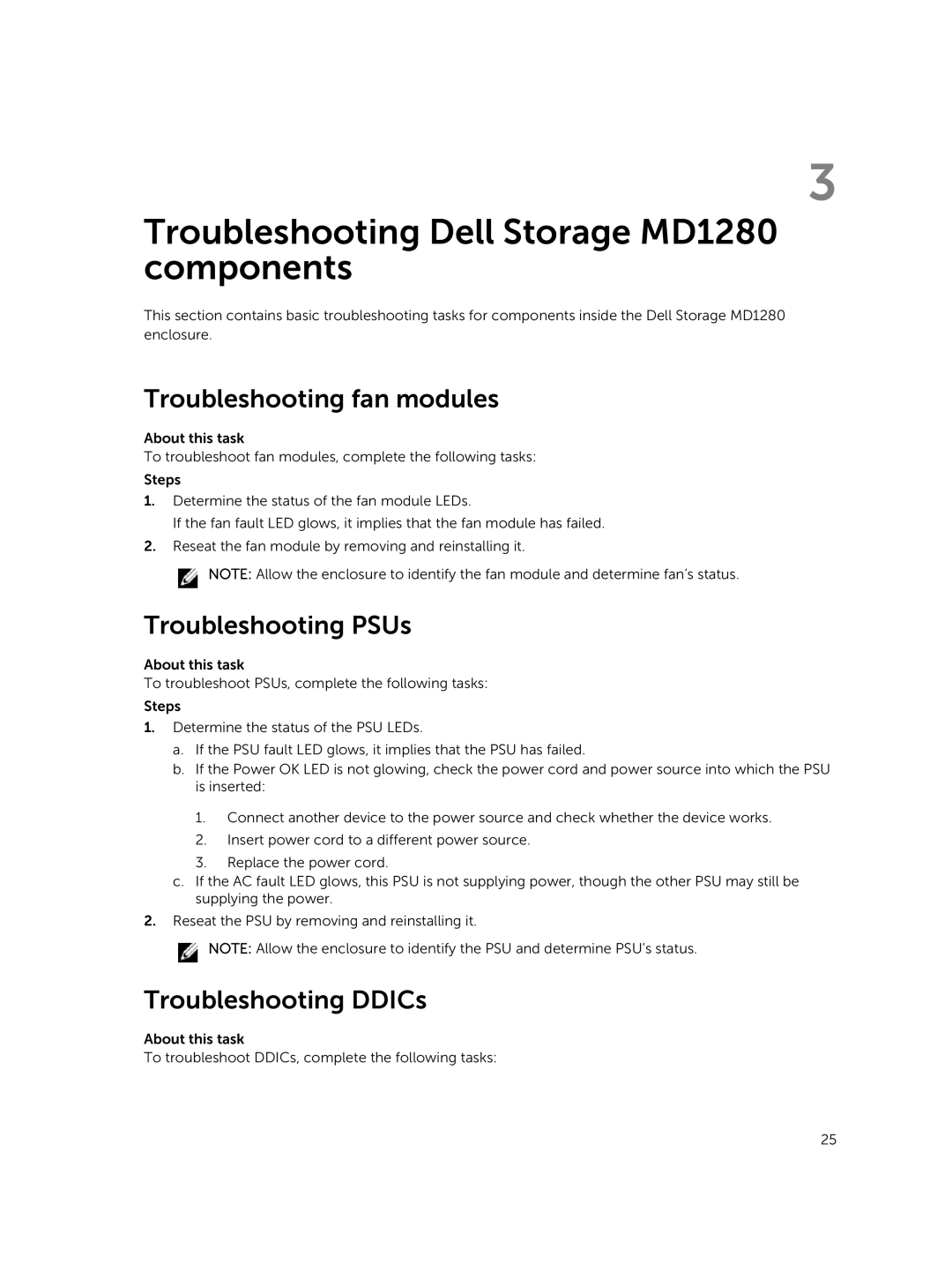 Dell manual Troubleshooting Dell Storage MD1280 components, Troubleshooting fan modules, Troubleshooting PSUs 