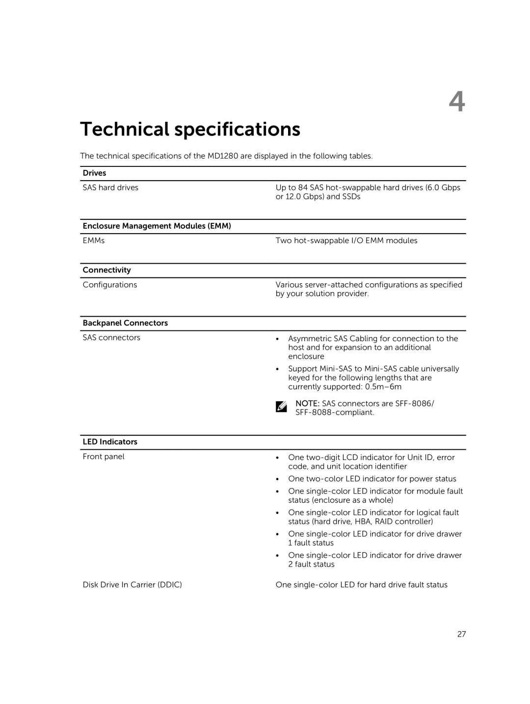 Dell MD1280 manual Technical specifications 