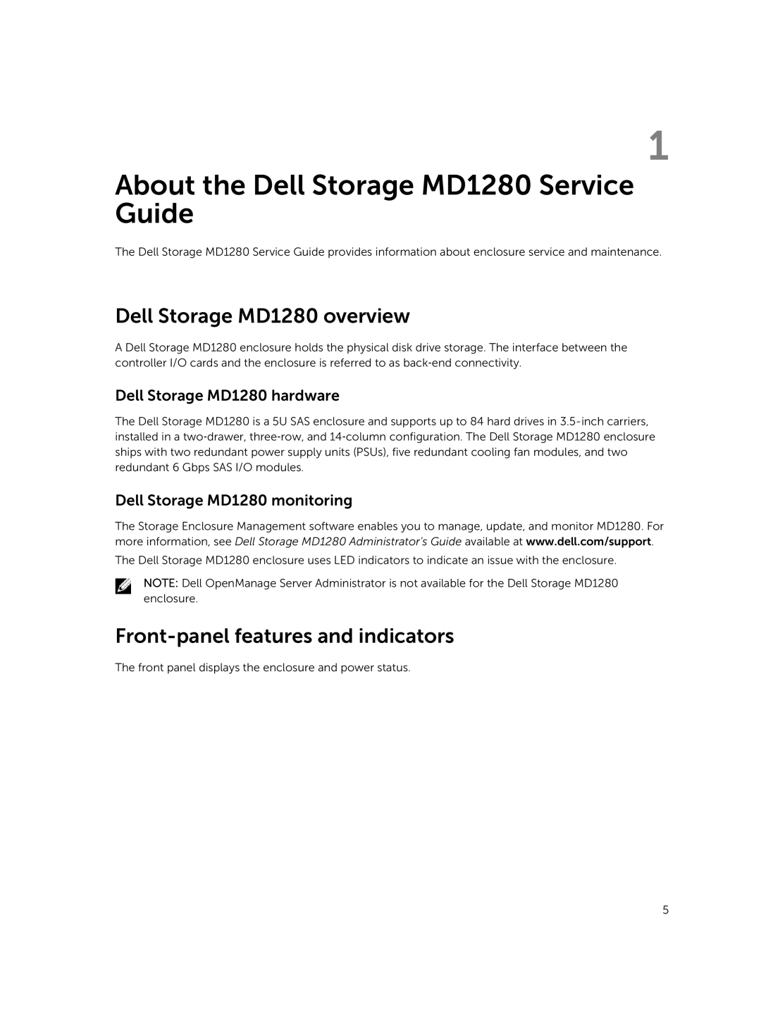 Dell About the Dell Storage MD1280 Service Guide, Dell Storage MD1280 overview, Front-panel features and indicators 