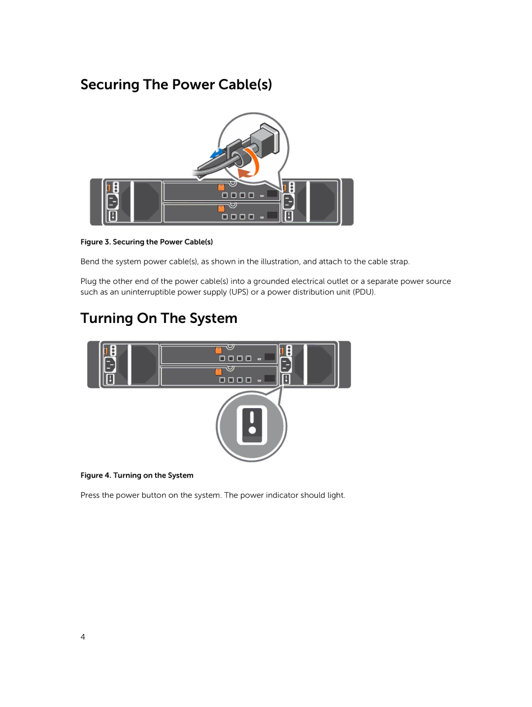 Dell MD1400, MD1420 manual Securing The Power Cables, Turning On The System 