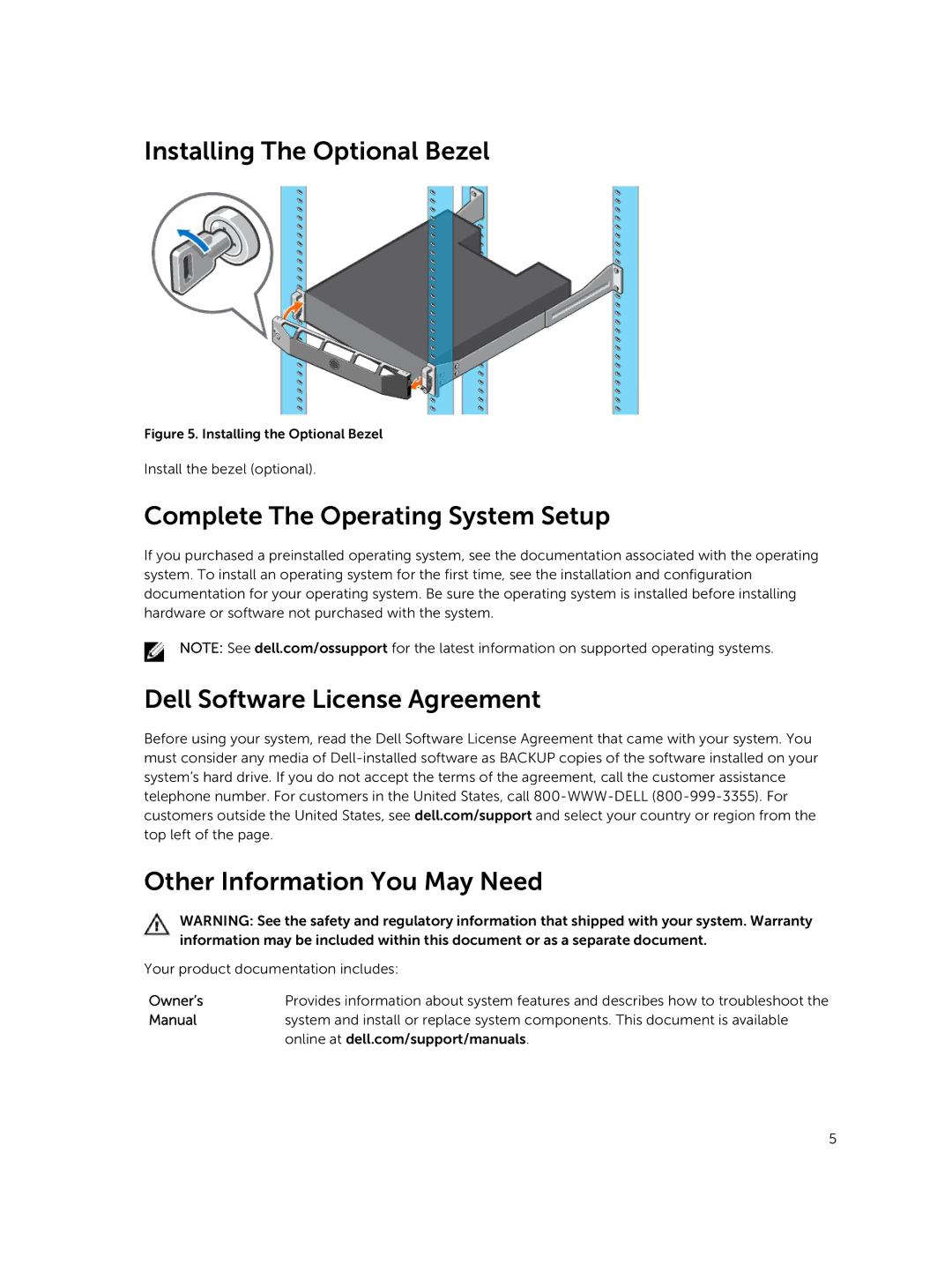 Dell MD1420, MD1400 manual Installing The Optional Bezel, Complete The Operating System Setup 