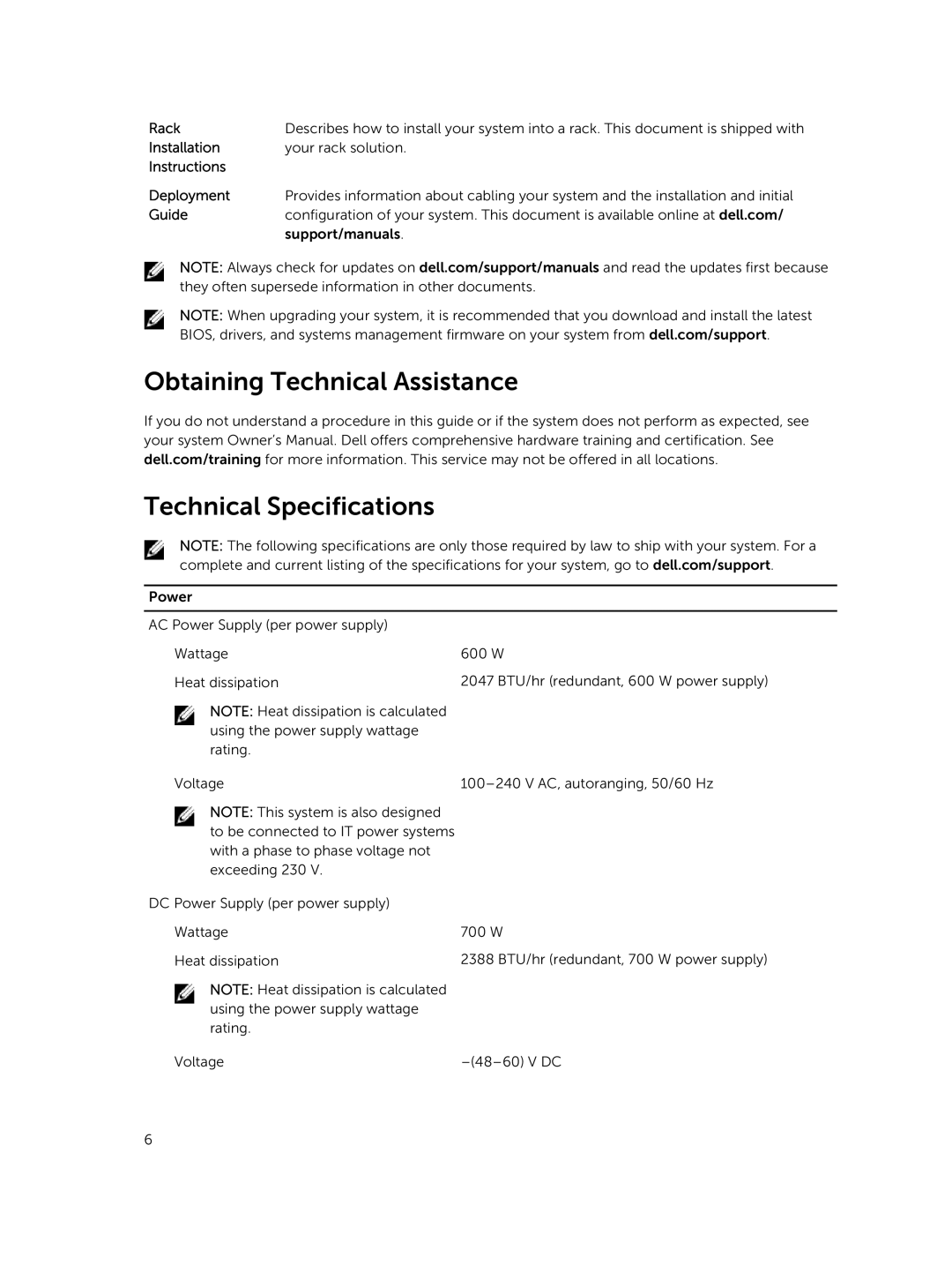 Dell MD1400, MD1420 manual Obtaining Technical Assistance Technical Specifications 