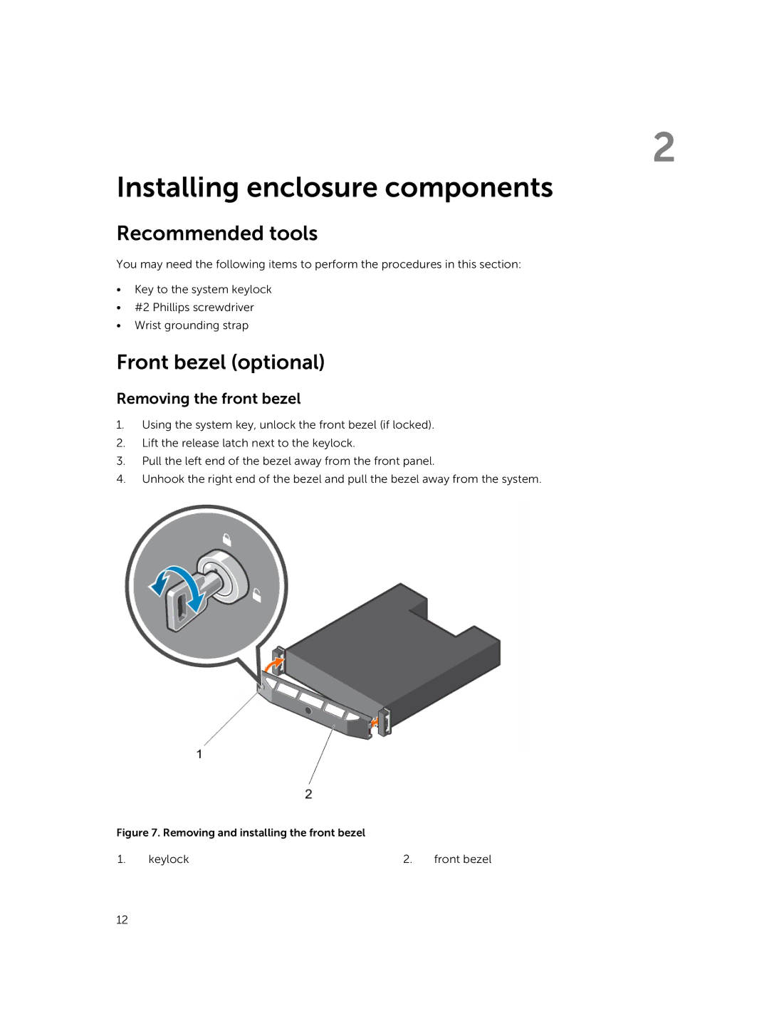 Dell MD1400 manual Recommended tools, Front bezel optional, Removing the front bezel 