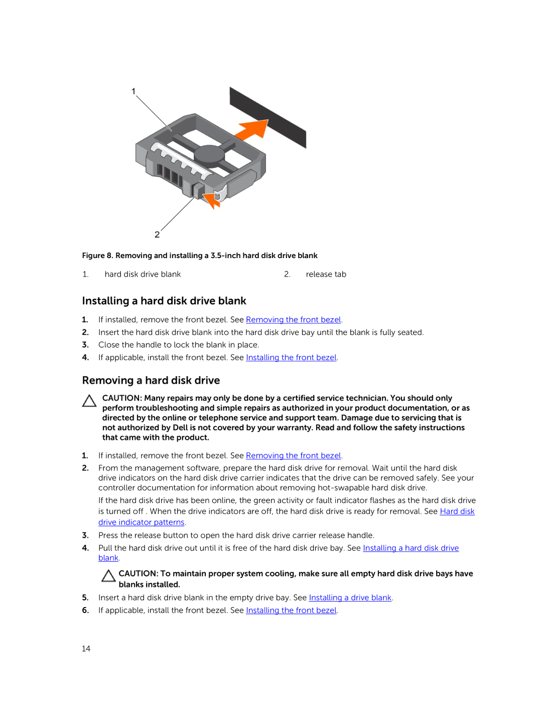 Dell MD1400 manual Installing a hard disk drive blank, Removing a hard disk drive 