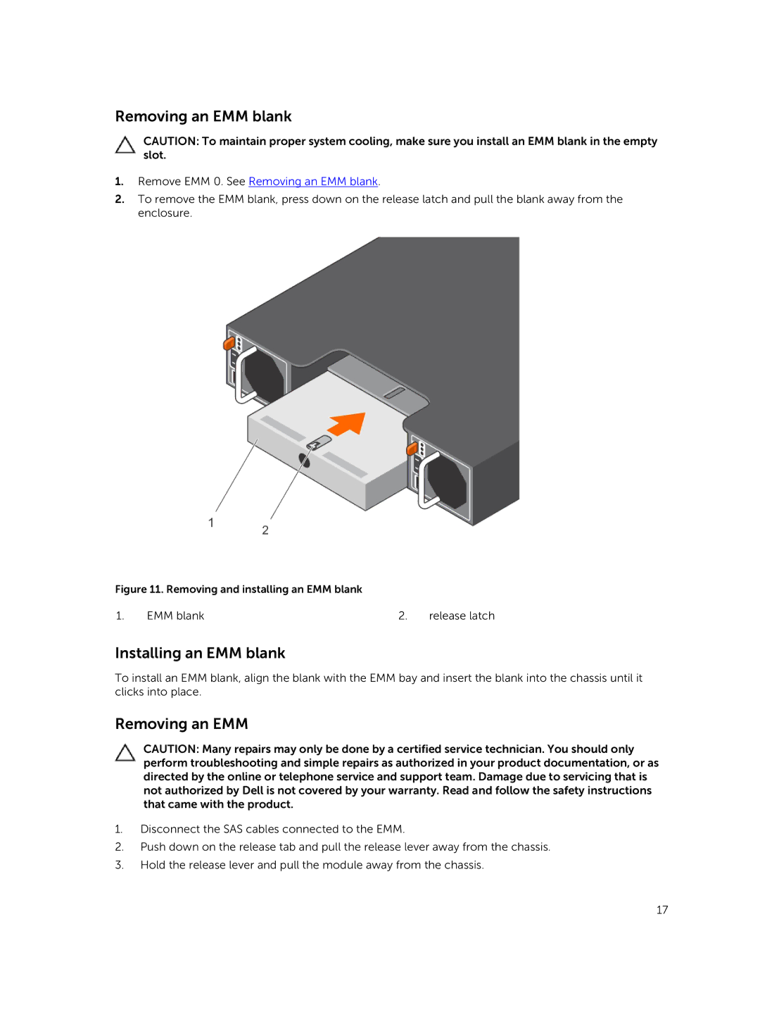 Dell MD1400 manual Removing an EMM blank, Installing an EMM blank 