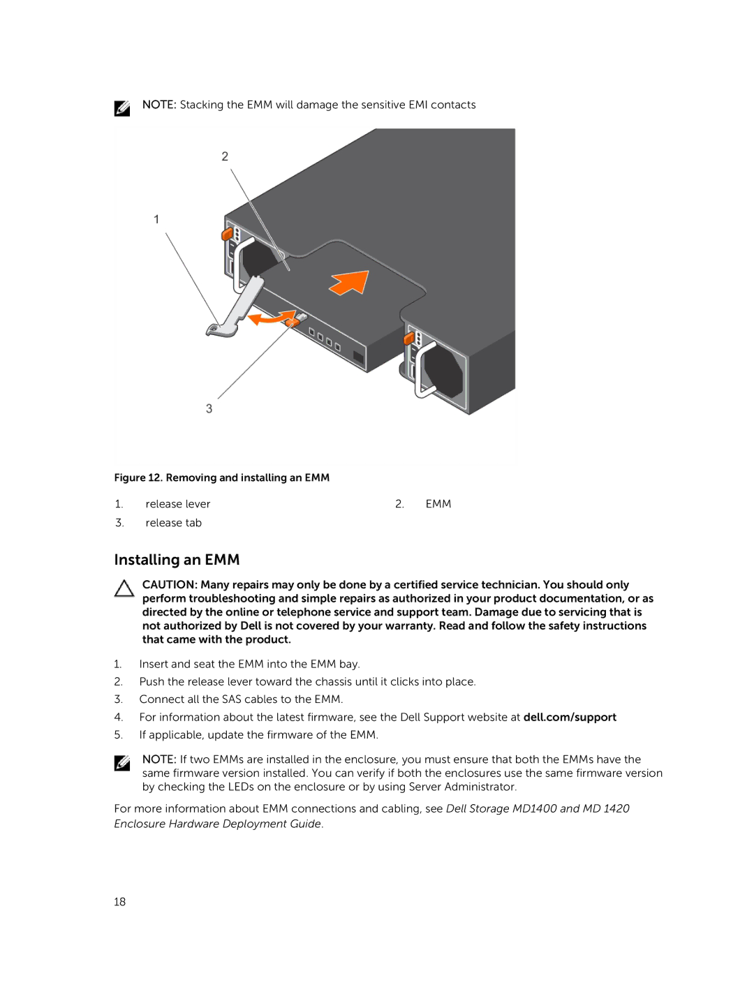 Dell MD1400 manual Installing an EMM, Removing and installing an EMM 