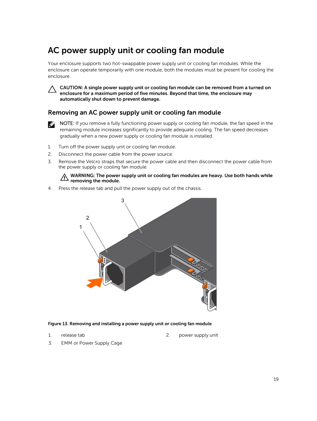 Dell MD1400 manual Removing an AC power supply unit or cooling fan module 