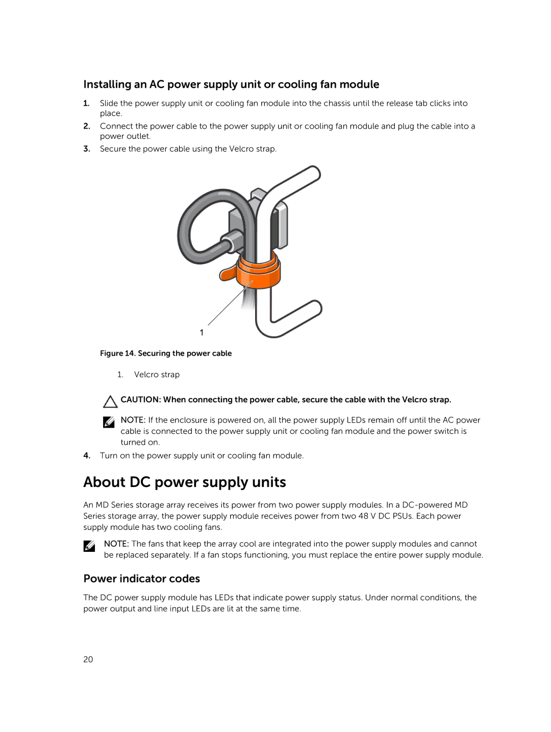 Dell MD1400 About DC power supply units, Installing an AC power supply unit or cooling fan module, Power indicator codes 