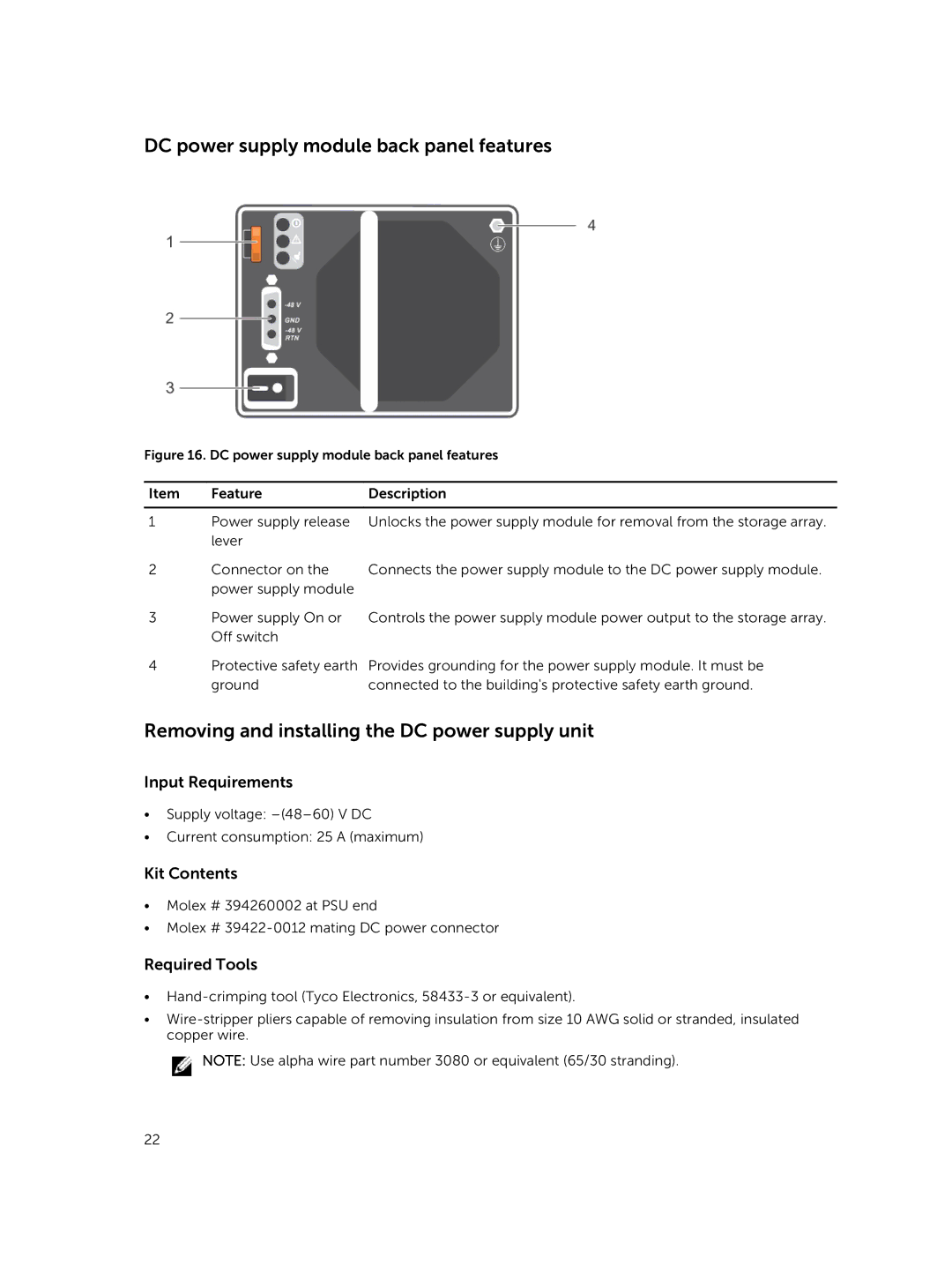 Dell MD1400 DC power supply module back panel features, Removing and installing the DC power supply unit, Kit Contents 