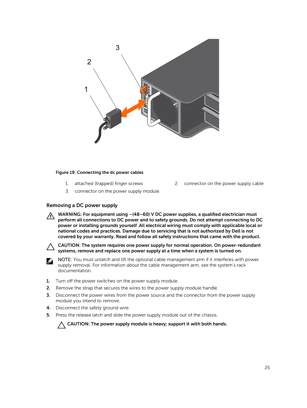 Dell MD1400 manual Removing a DC power supply, Connecting the dc power cables 