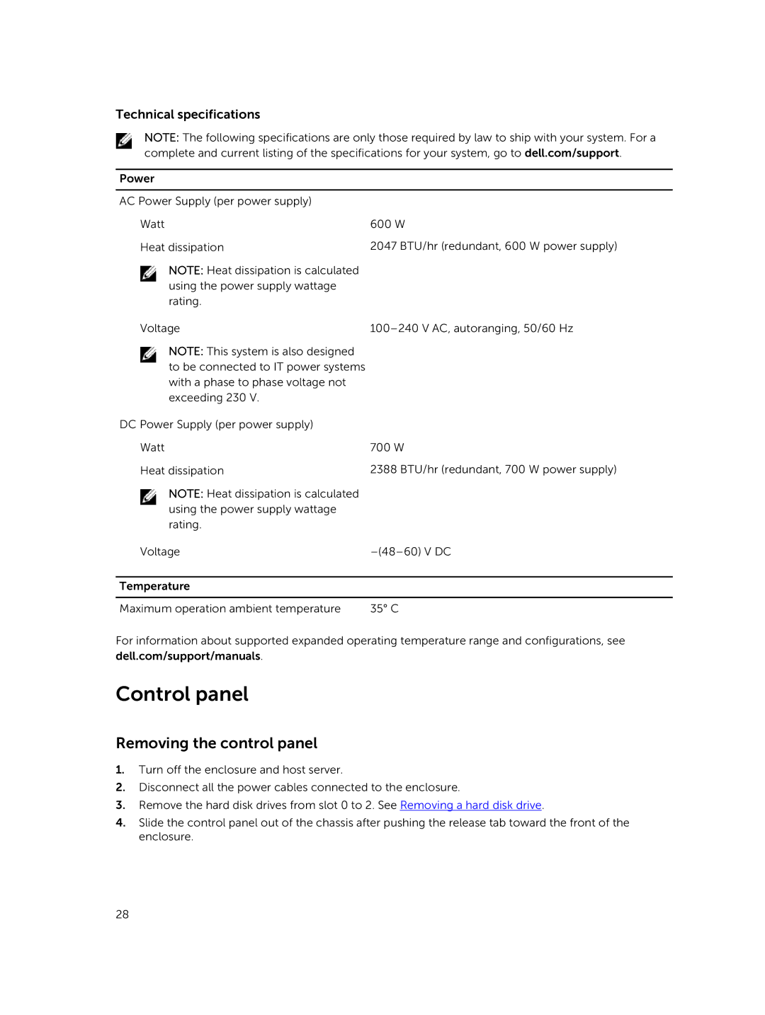 Dell MD1400 manual Control panel, Removing the control panel, Technical specifications 