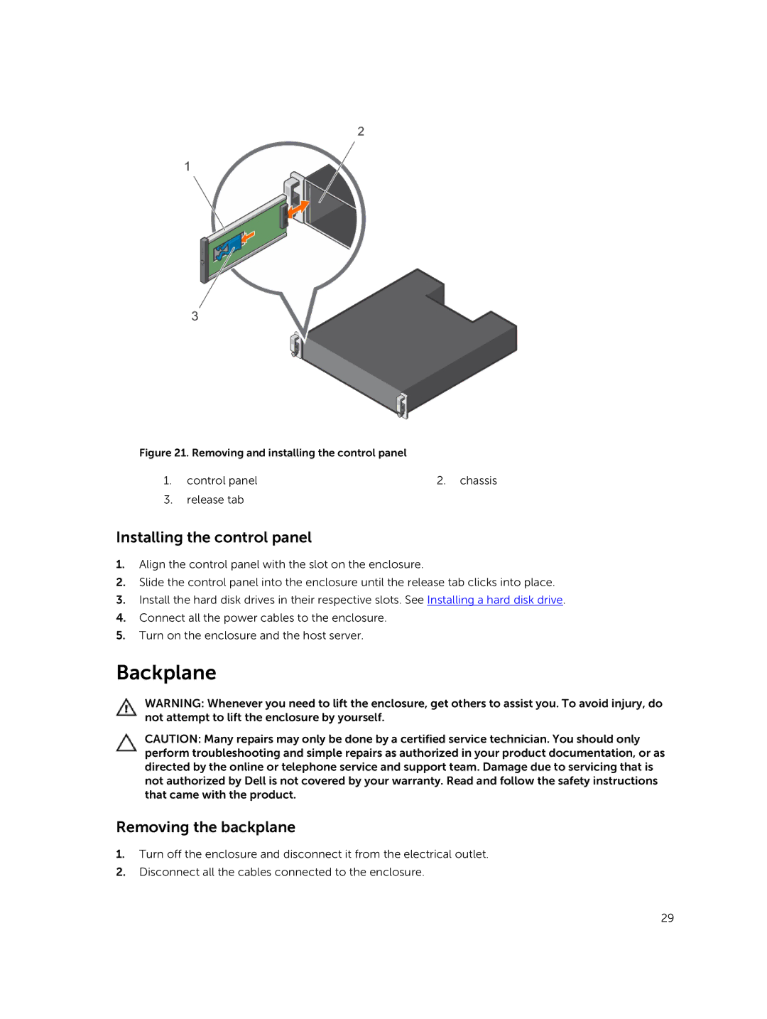 Dell MD1400 manual Backplane, Installing the control panel, Removing the backplane 