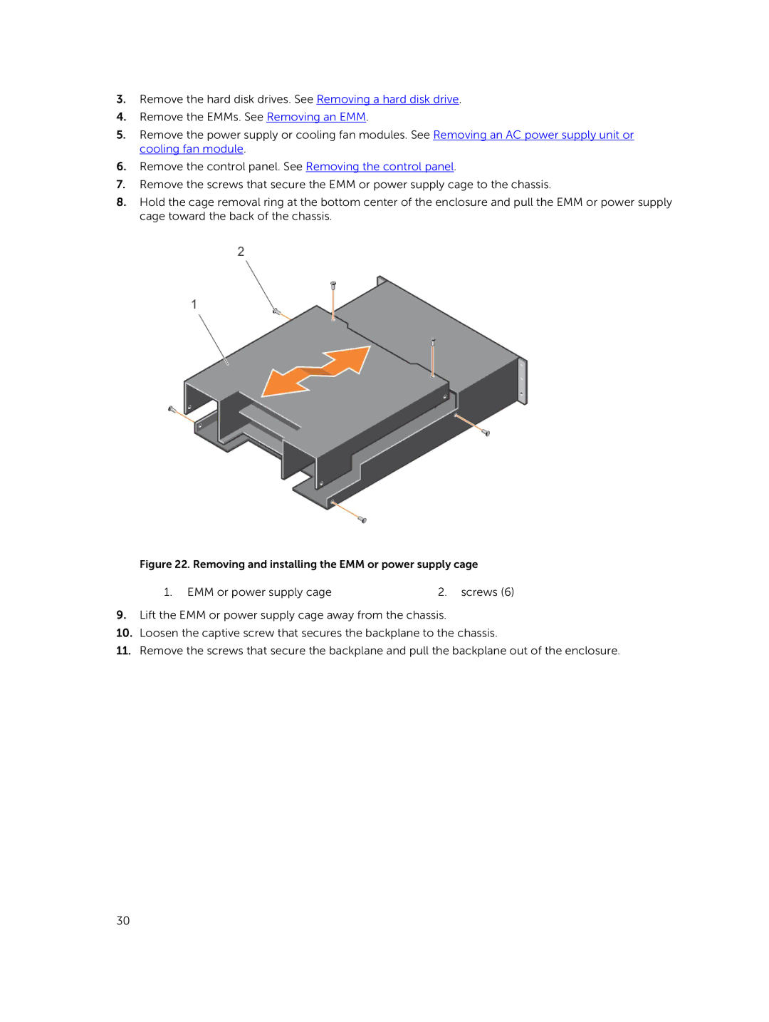 Dell MD1400 manual Removing and installing the EMM or power supply cage 